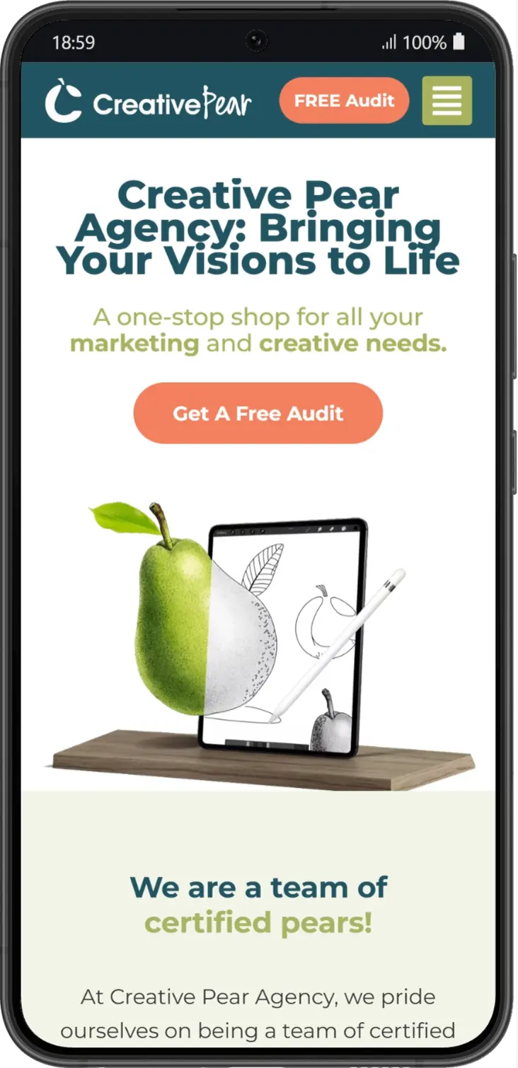 Web de Creative Pear Agency mostrada en un Samsung Galaxy S22+