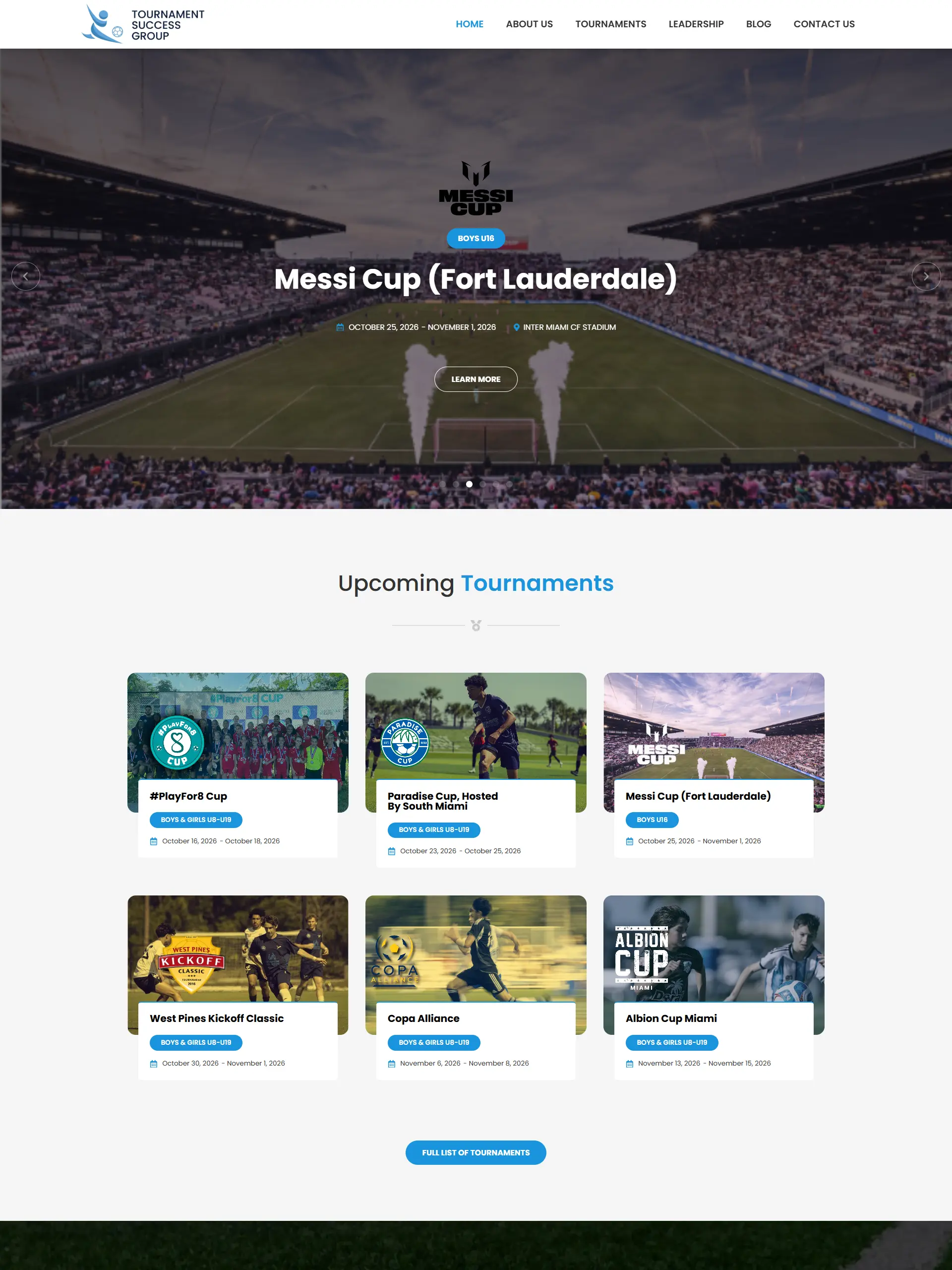 Captura de la web de Tournament Success Group y sus próximos torneos de fútbol