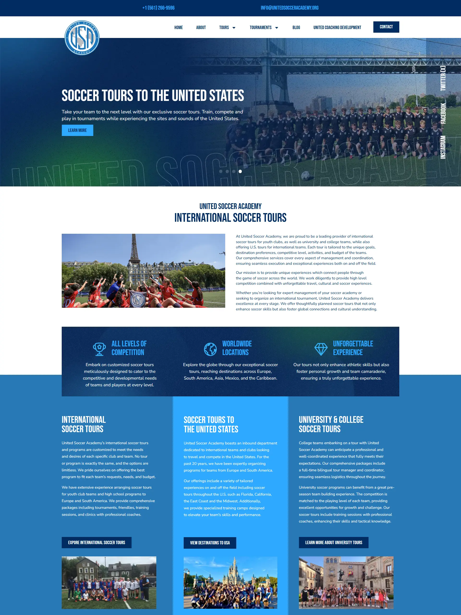 Captura de la web de United Soccer Academy con sus programas de viajes de fútbol
